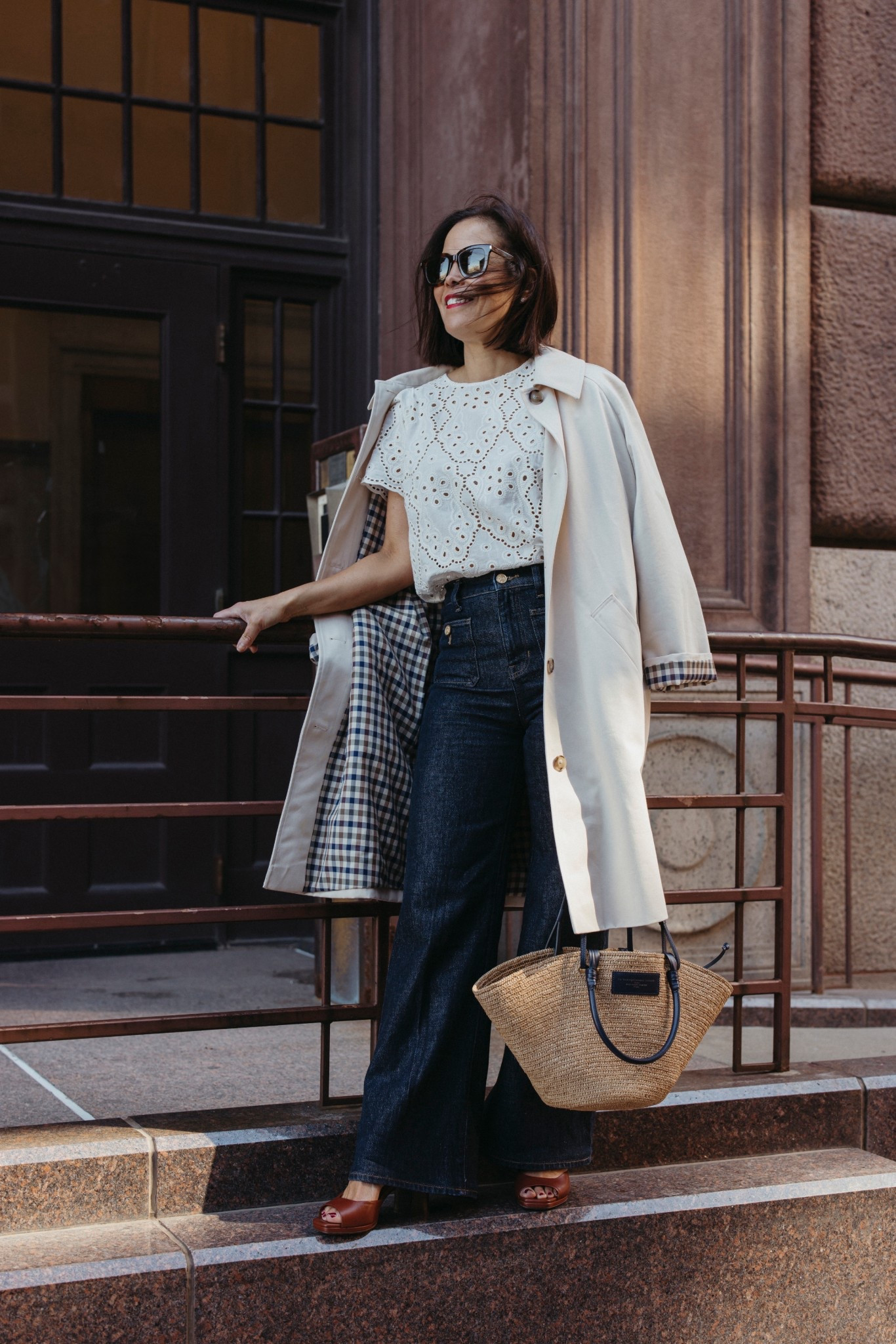 Spring outfit
Sèzane Annabelle blouse- size up one 
Jcrew sailor denim- true to size 
Sèzane Clyde trench- oversized- I went down 2 sizes 

#LTKPlusSize #LTKSeasonal #LTKOver40