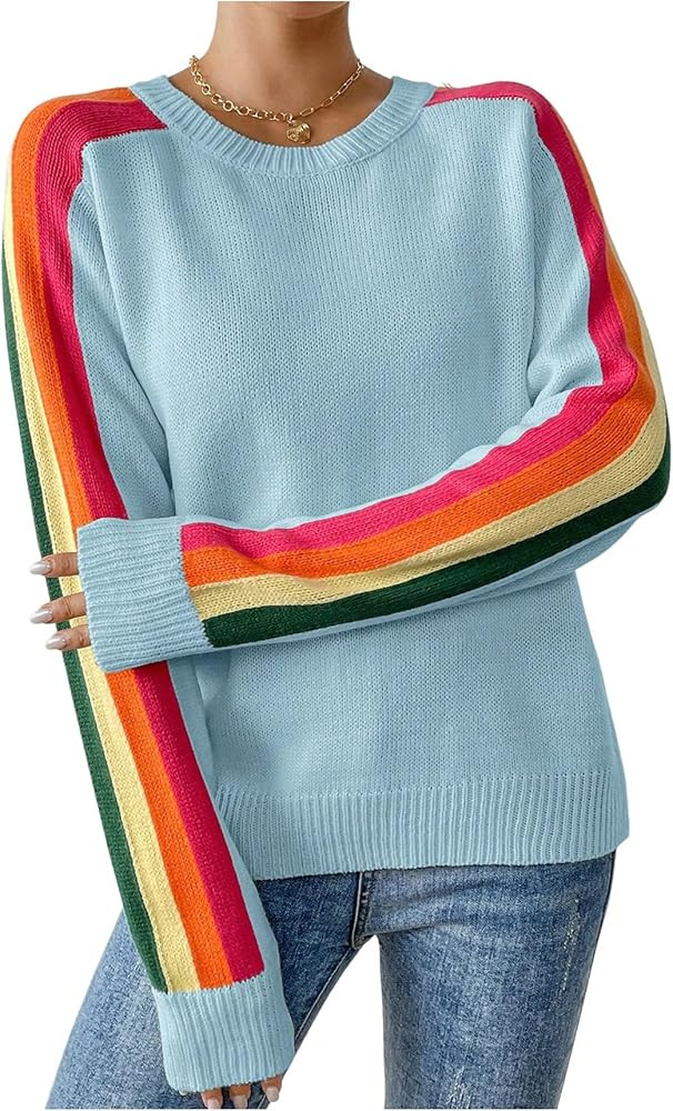 GORGLITTER Women's Striped Sweater Rainbow Fall Cozy Fashion Color Block Long Sleeve Crewneck Col... | Amazon (US)