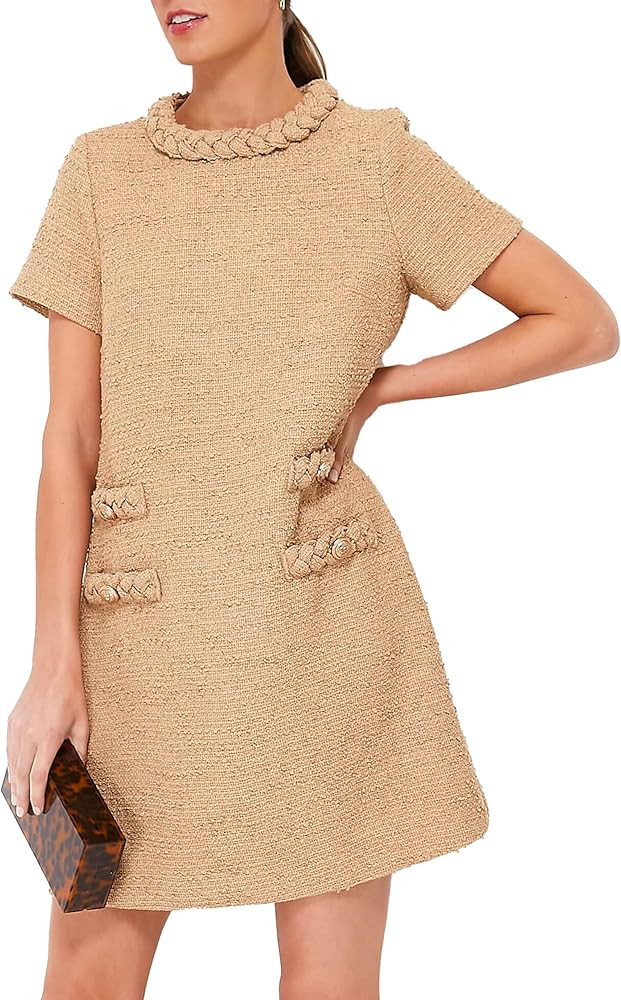 Ladyful Womens Tweed Jackie Dress Short Sleeve Elegant Crew Neck Business Party Vintage Button Bo... | Amazon (US)