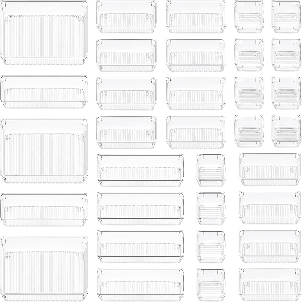 CHEFSTORY 33 PCS Clear Drawer Organizers Set, 4 Sizes Plastic Vanity Desk Drawer Organizers Trays... | Amazon (US)