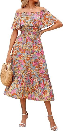 Prettywear Women's Casual Boho Off Shoulder Midi Dress Floral Print Short Sleeve A Line Flowy Sum... | Amazon (US)