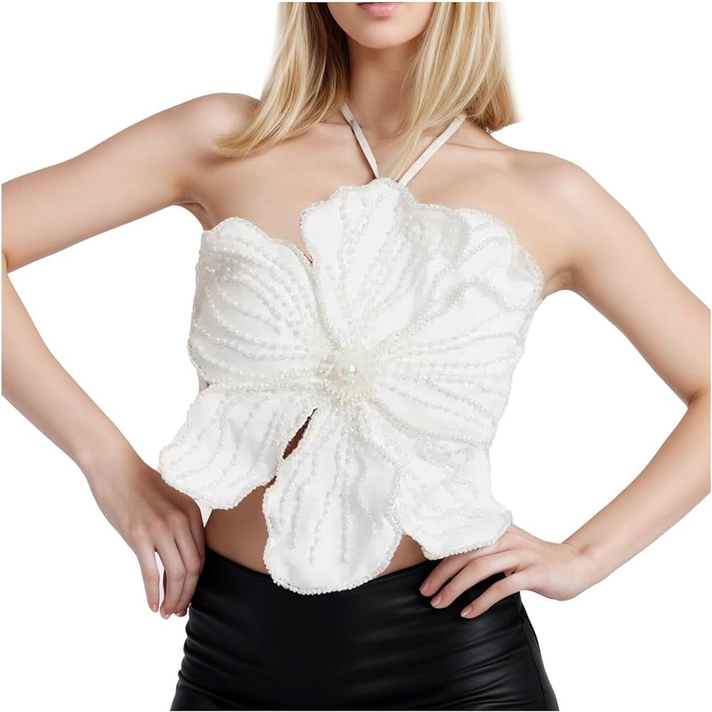 Women's Solid 3D Flower Pearl Beaded Halter Top Summer Fashion Asymmetrical Hem Sleeveless Drawst... | Amazon (US)