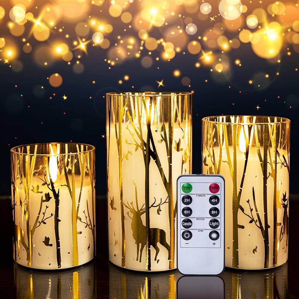 Yongmao Christmas Glass Flameless Candles, Gold Elk Tree Snowflake Battery Operated Candles with ... | Amazon (US)