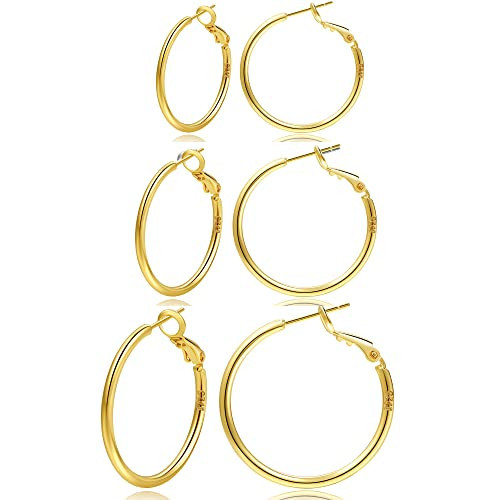 3 Pairs Large Hoop Earrings - Real Gold Plated, Hypoallergenic, Sterling Silver | Amazon (US)