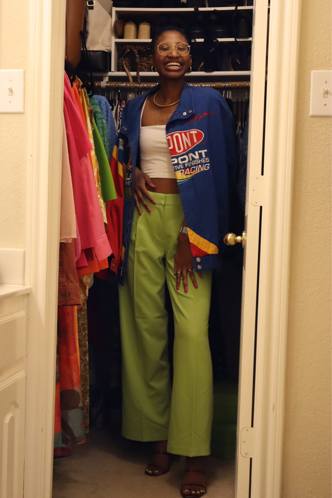 color forward & styled outfit! Enjoyed styling this oversized multicolored racing jacket with a white crop top and lime green pants—lime green is the color of 2023 !!!! #express #hm 

#LTKunder50 #LTKshoecrush #LTKstyletip