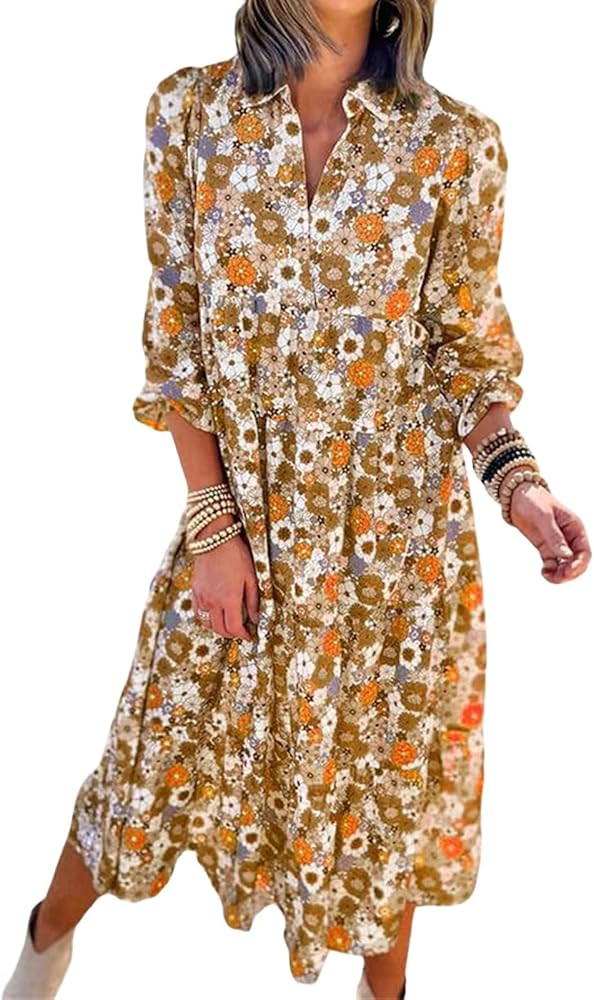 Womens Boho Dresses Casual Loose V Neck Collared Shirt Bohemian Floral Long Puff Sleeve Ruffle A ... | Amazon (US)