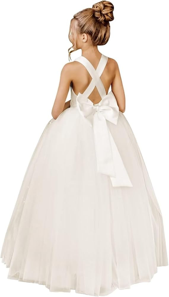 JISISANG Crossed Straps Flower Girl Dress Satin Long Prom Dress with Bow Puffy Tulle Pageant Dres... | Amazon (US)
