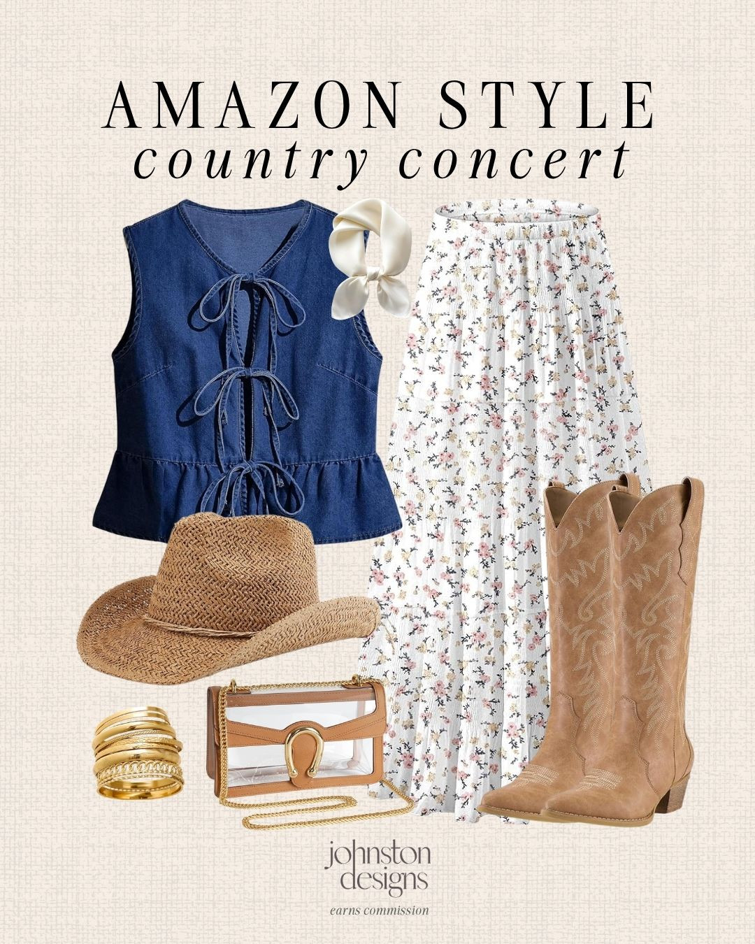 Amazon country concert outfit inspo with denim, florals and western accessories. 🤠

Amazon style, 2026 country concert, concert outfit, western style, denim top, floral pants, cowboy boots, straw hat, clear bag, hair bow, gold jewelry, summer outfit, Nashville style, festival look, rodeo outfit, affordable fashion 

 #LTKFestival #LTKootd #LTKSeasonal