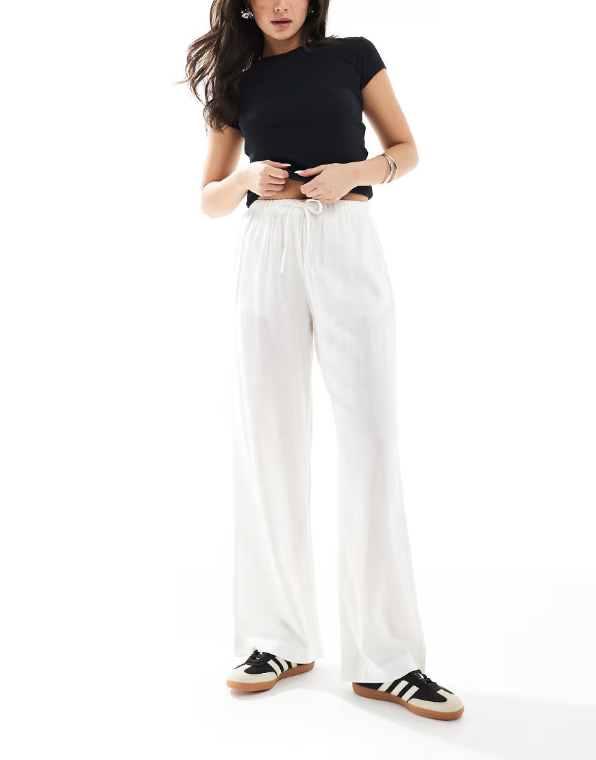 Bershka tie waist wide leg linen trousers in white | ASOS (Global)