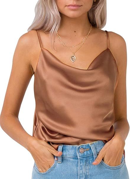 Simplee Women's Casual Silk Satin Tank Top Sexy Plain Cami V Neck Spaghetti Strap Vest Top | Amazon (US)