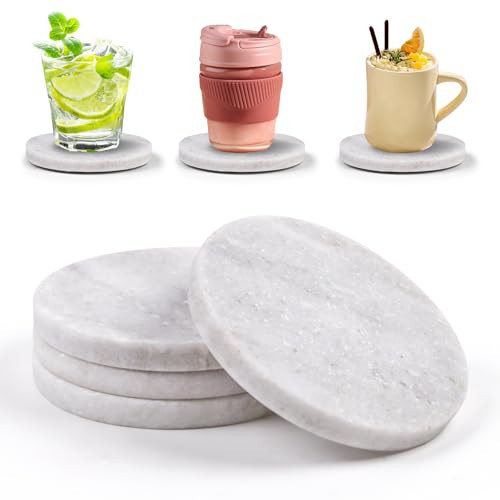 Light Gray Marble Coasters, Set of 4 - Natural Marble Stone Drink Coasters with Protective Silicone Feet, 4 inch Diameter, 0.4 inch Thick - Durable Heat-Resistant Coasters for Coffee Table | Amazon (US)