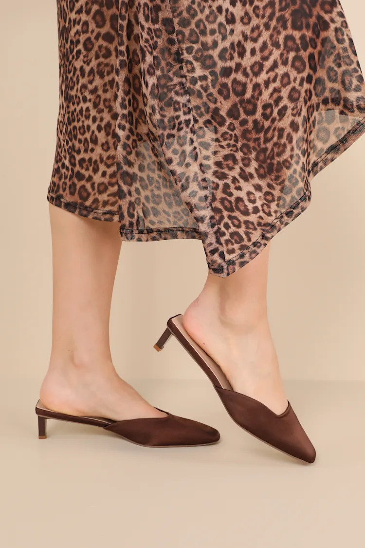 Auroette Chocolate Satin Kitten Heel Mule Pumps | Lulus