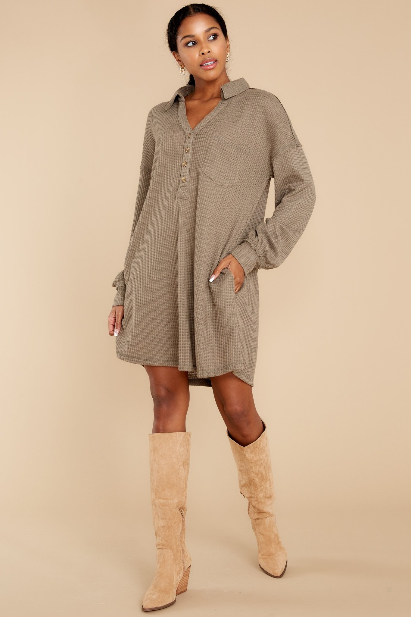 Know Your Worth Olive Waffle Knit Dress | Red Dress 