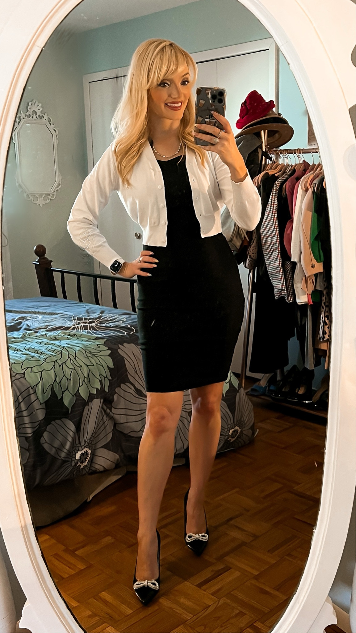 Spring transition outfit - work outfit - work style - office oitfut - professional - business casual - sheath dress - cardigan - look for less rhinestone bow heels - Amazon fashion - Amazon finds 

#LTKshoecrush #LTKSeasonal #LTKworkwear