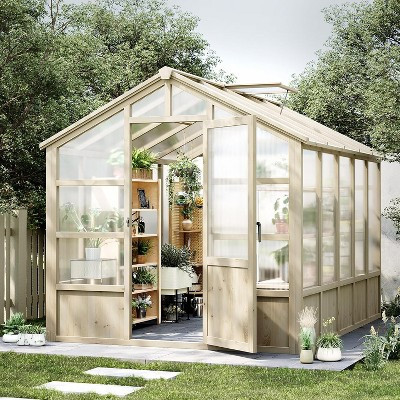 8x10 ft Wooden Greenhouse with Lockable Door,Wood Frame & Adjustable Vent,Heavy Duty Greenhouse with Polycarbonate Panel for Garden,Yard,Light Brown | Target