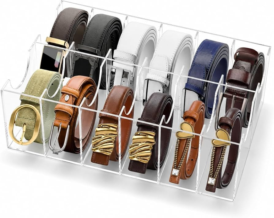 ZENFUN 12 Compartments Belts Storage Box, Acrylic Belt Organizer, Belt Container Storage Holder C... | Amazon (US)