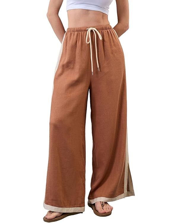 Xiaoxuemeng Wide Leg Pants for Women Casual Linen Side Striped Baggy Pants Elastic Waisted Trouse... | Amazon (US)