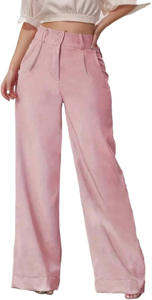 Trousers Pants for Women Solid Color Pleated Wide Leg Pants with Pockets | Amazon (US)