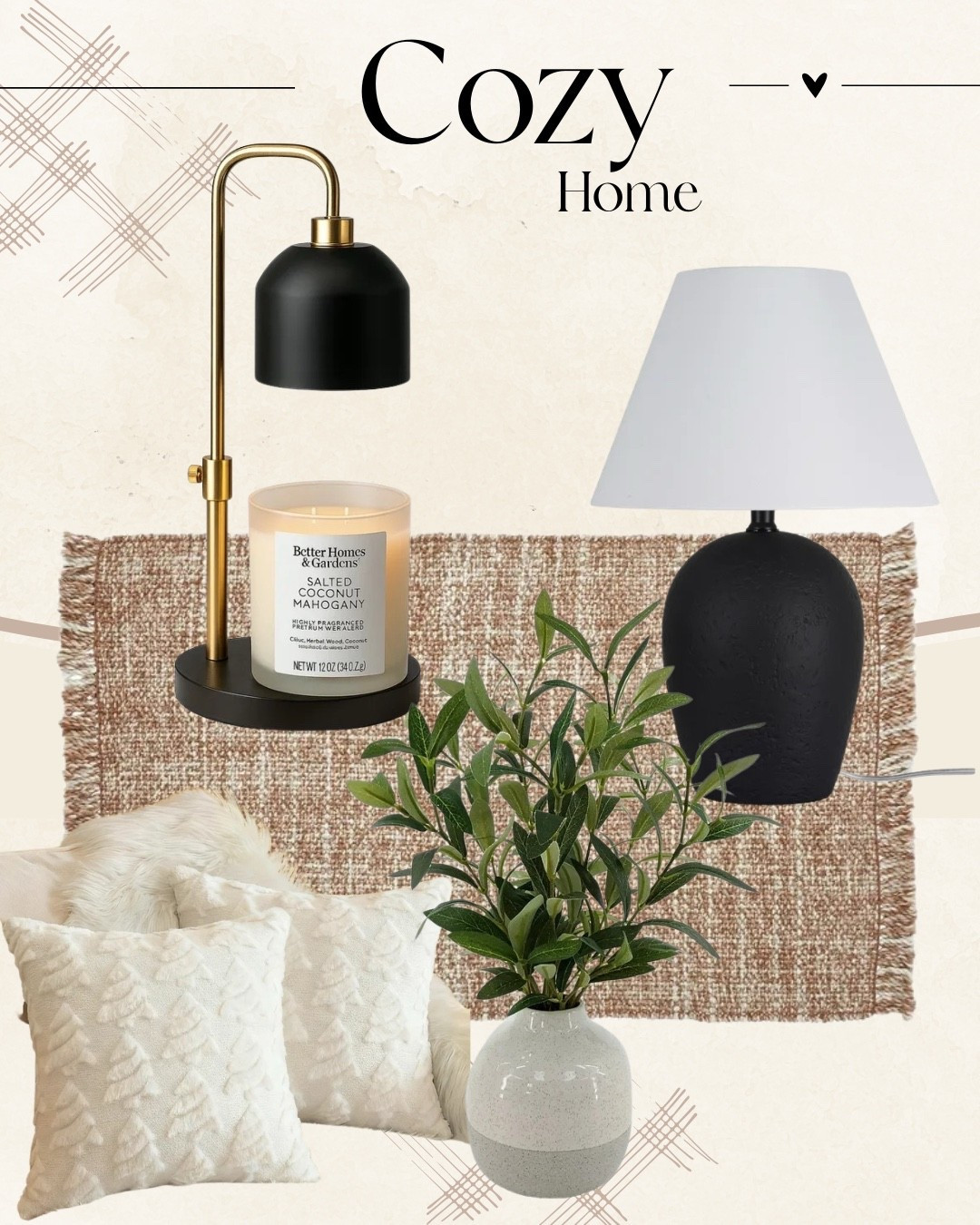✨ Cozy Home Finds ✨
Bringing all the warm + inviting vibes with these affordable neutral home decor pieces 🤎 From the candle warmer lamp and Salted Coconut Mahogany candle, to the textured throw pillows, woven area rug, modern black table lamp, and faux greenery, these are perfect for creating a cozy space on a budget.

Perfect for neutral home decor lovers, modern farmhouse style, cozy living room inspo, winter home refresh, Walmart home finds, affordable decor, and anyone wanting that soft, comfy aesthetic.

Everything is linked for easy shopping! 🕯️✨

#LTKhome #LTKdecor #cozyhome #neutraldecor #modernfarmhouse #walmarthome #homedecorfavorites #budgetfriendlydecor #livingroomdecor #cozyaesthetic #winterhomerefresh

#LTKHome #LTKdayinmylife #LTKFindsUnder50