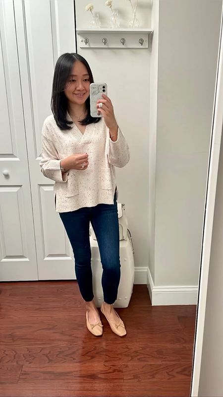 Get 50% off at LOFT + FREE shipping! Use code CYBER. I took this v-neck sweater in size XXS regular. It's a loose boxy fit. I'm 5' 2.5" and 112 pounds.

My other sales picks are also linked!

Jeans (not LOFT) in size 0 short in dark wash

I went down half a size in the flats since they run longer.

#LTKfindsunder50 #LTKsalealert #LTKover40