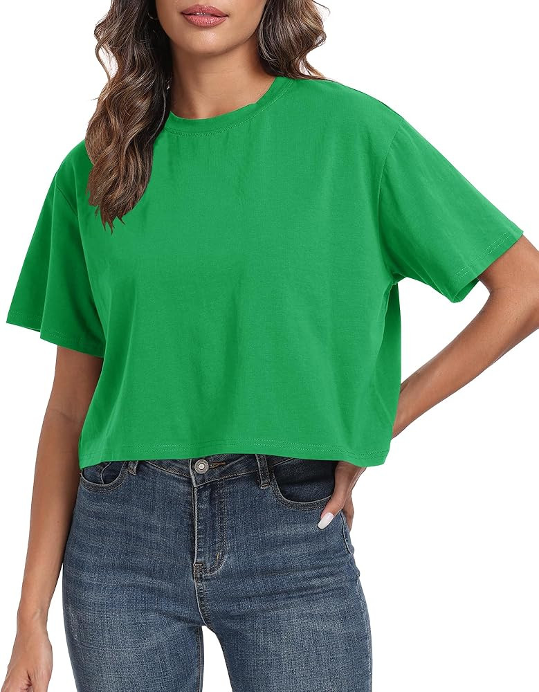PRIMODA Women's Oversized Workout Cropped T Shirts Crew Neck Short Sleeve Casual Loose Summer Cro... | Amazon (US)