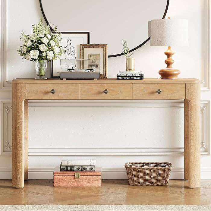 Rustic Console Table with Curved Corners, 3 Drawers Entryway Table, Solid Wood Legs Sofa Table, N... | Amazon (US)