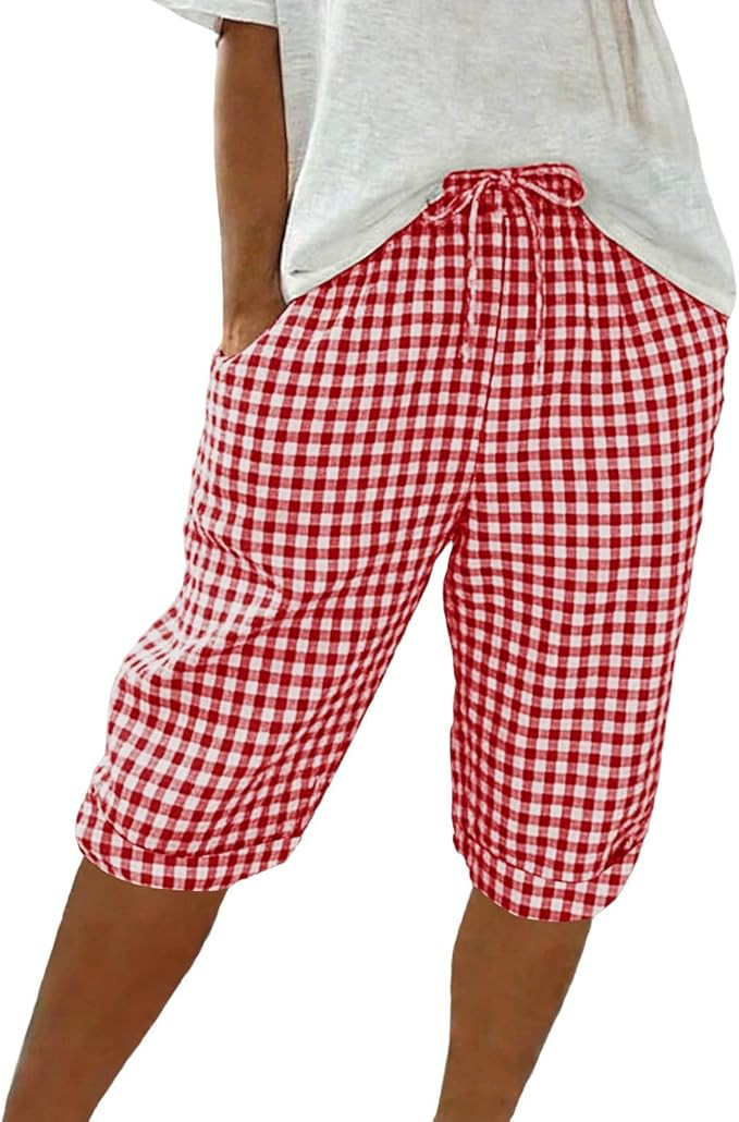 Bermuda Shorts for Women Drawstring Elastic High Waisted Stripe and Gingham Wide Leg Beach Shorts... | Amazon (US)