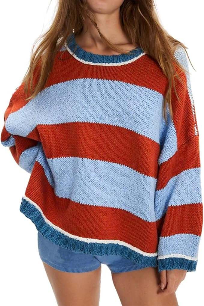 Womens Cute Colorful Sweater Knit Striped Crewneck Long Sleeve Loose Pullover Swaters Tops | Amazon (US)