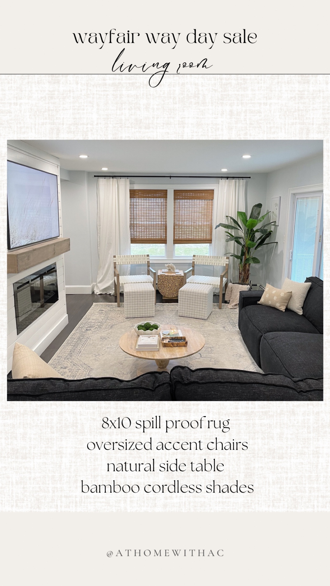 Way day wayfair sale living room, coastal  rug, neutral chairs, bamboo shades 

#LTKsalealert #LTKSeasonal #LTKhome