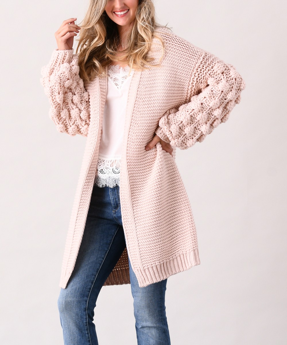 Simply Couture Women's Open Cardigans PINK - Pink Pom Pom-Sleeve Cardigan - Women & Plus | Zulily