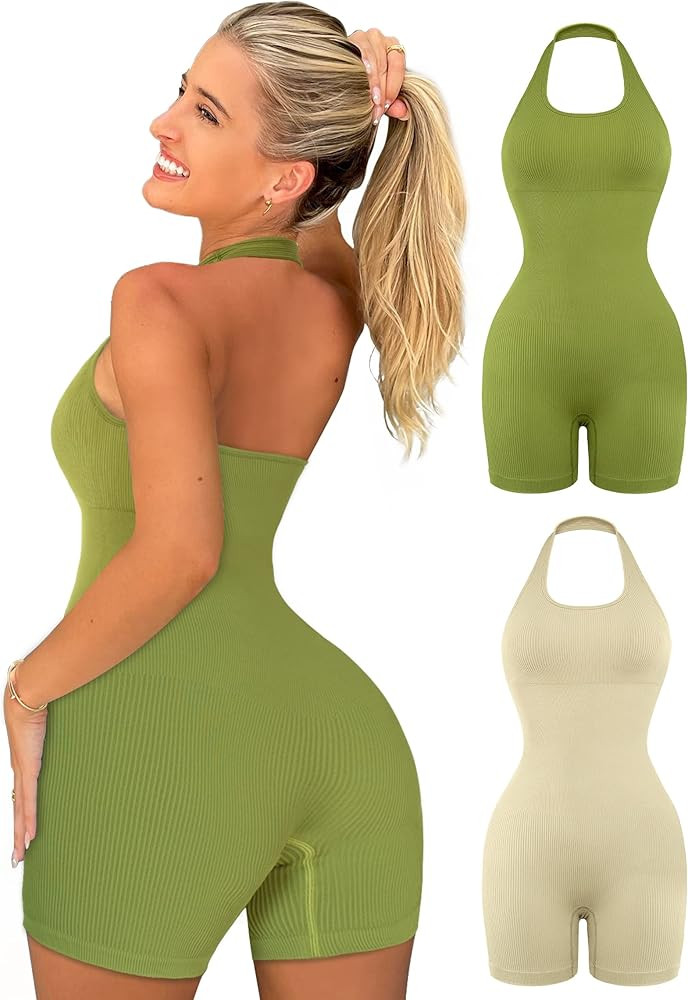 OLCHEE Womens 2 Pack Yoga Jumpsuits Workout Rompers - Sexy Seamless Ribbed Halter Neck Backless U... | Amazon (US)