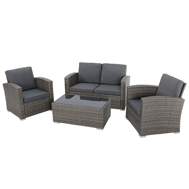 JOIVI 4 Pieces Outdoor Sectional PE Rattan Conversation Sofa Set with Gray Wicker, Dark Gray Cush... | Walmart (US)