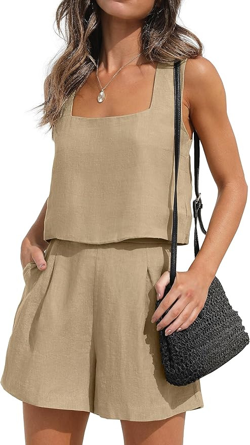 ZESICA Women's 2024 2 Piece Set Linen Tank Crop Tops and Shorts Summer Two Piece Outfits Pajamas | Amazon (US)