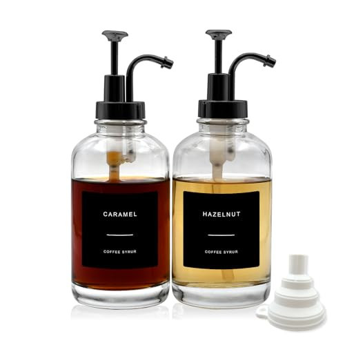 MFBJXC 2-Pack Coffee Syrup Dispenser for Coffee Bar, 16.9 oz 500 ml Glass Syrup Bottle with 36 Labels, Syrup Pump Dispenser for Coffee Bar(Black pump) | Amazon (US)