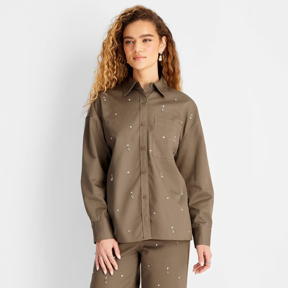 Women's Embellished Twill Shacket - Future Collective Olive Green | Target