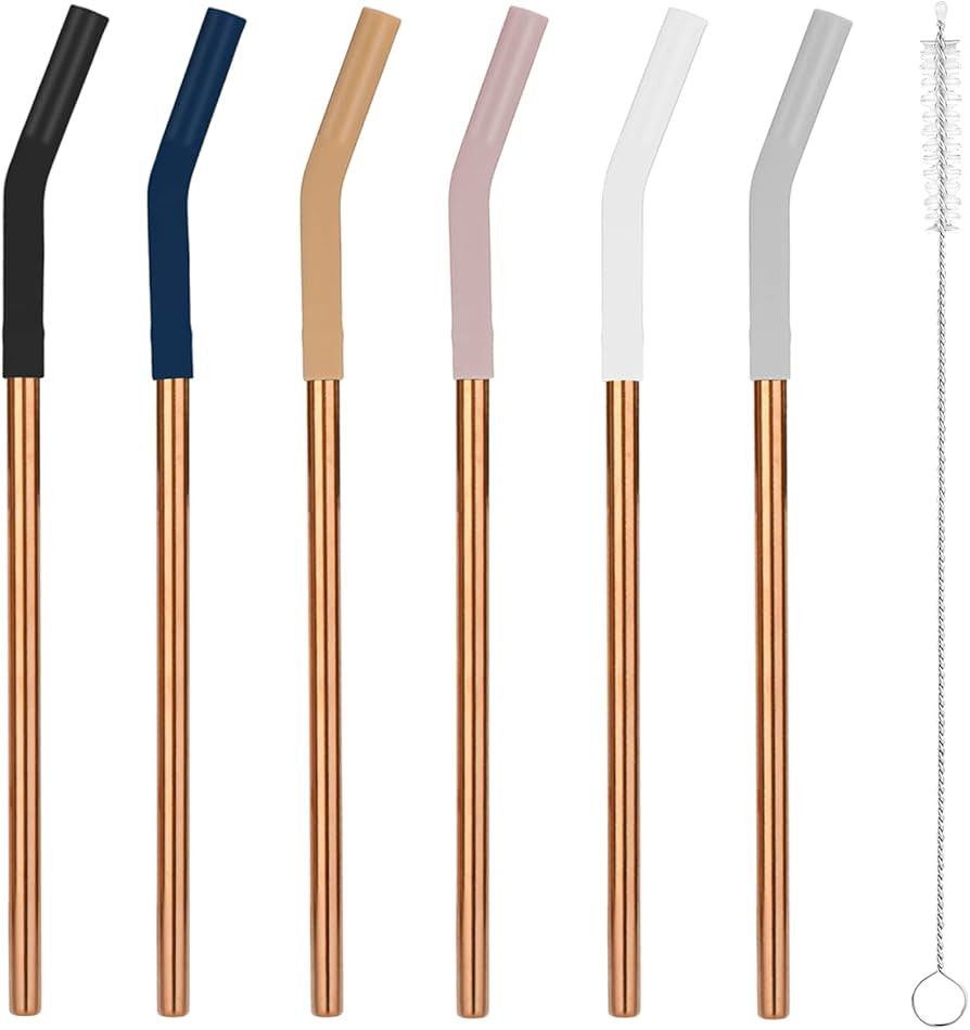 Tronco Set of 6 Stainless Steel Reusable Metal Straws with Silicone Flex Tips Elbows Cover, Metal... | Amazon (US)