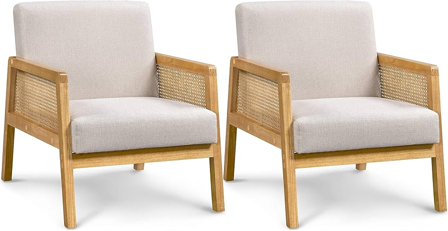 Yaheetech Rattan Accent Chair, Armchair with Wood Armrest and Wood Legs, Mid Century Modern Livin... | Amazon (US)