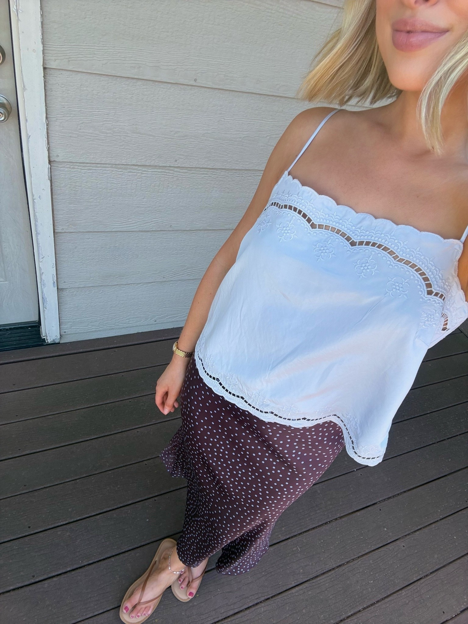 Wearing a size S in my Abercrombie cotton silk blend top
My polka dot skirt is from Zara. (Search: satin midi skirt & they have some cute colors/patterns!)
Brown sandals
Amazon gold watch

#LTKdayinmylife #LTKootd