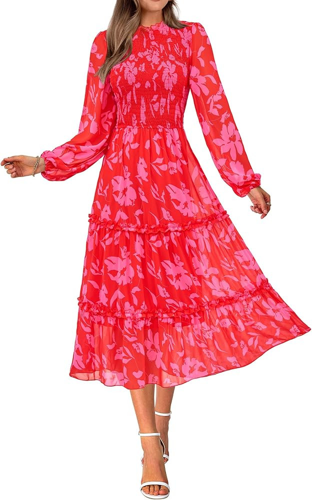 NOLLSOM Women 2024 Fall Dress Floral Boho Dress Casual Long Sleeve Crew Neck Ruffle A-Line Flowy ... | Amazon (US)