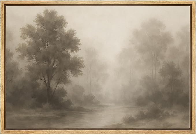 MUDECOR Framed Canvas Print Wall Art Misty River and Trees Soft Monochrome Forest Illustrations R... | Amazon (US)