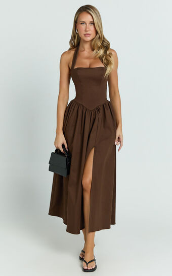 Helda Midi Dress - Halter Tie Neck Corset Panel Dress in Chocolate | Showpo (US, UK & Europe)
