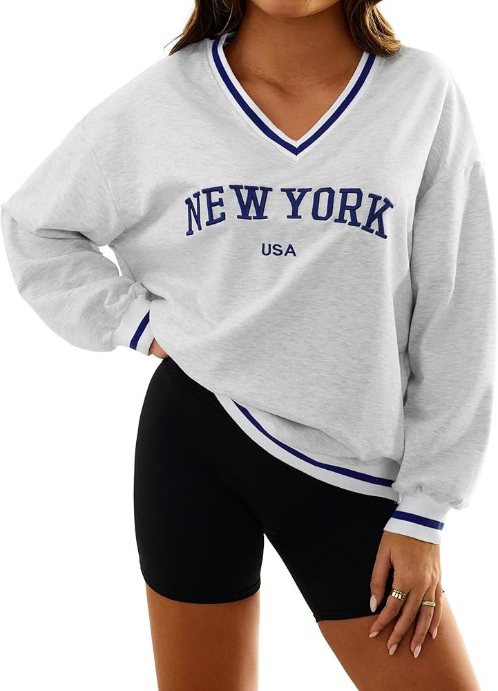 Hilinker Womens Graphic Oversized Sweatshirts V Neck Long Sleeve Pullover Tops | Amazon (US)