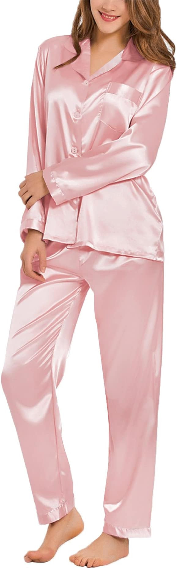 SWOMOG Long Sleeve Pajamas Set Silk Satin Sleepwear Button Down Pjs Loungewear with Pocket | Amazon (US)