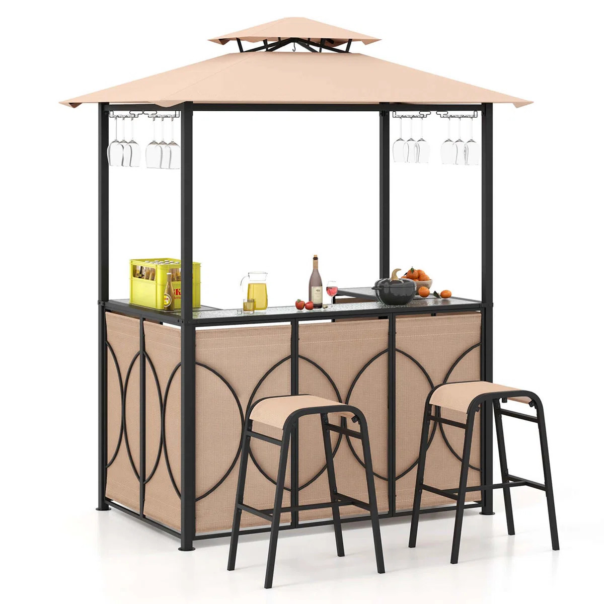 3 PCS Patio Bar Set with Tempered Glass Bar Table Metal Storage Shelves | Wayfair North America
