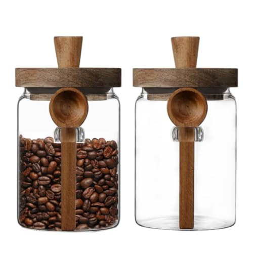 ANSQU Set of 2 Glass Food Storage Jars with Bamboo Wood Lid and Spoon, 20.3oz Glass Kitchen Canisters for Coffee, Tea, Cereal, Spice and Canning, Mason Jars, Cute Jar | Amazon (US)