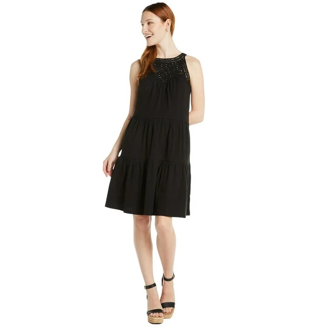 Time and Tru Women's Sleeveless Tiered Cotton Dress with Crochet Trim, Sizes XS-XXXL | Walmart (US)