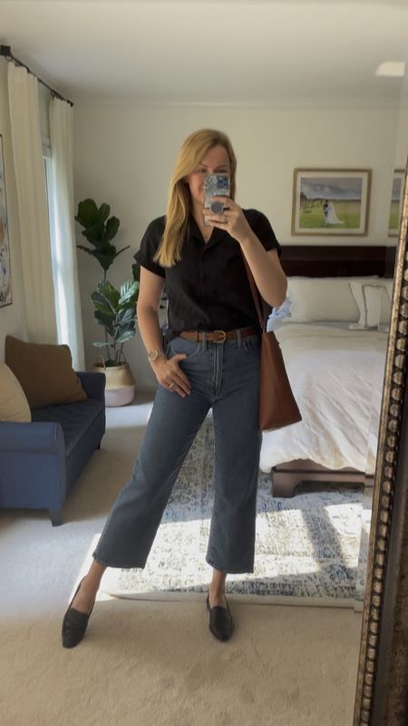 Casual work outfit idea for summer - what I wore to the office

Black linen button down is $20. In my normal size. Comes in white & blue & white stripe too.

Wide leg jeans, cropped fit and I sized down one. Very comfy fit. Good mix of stretch & structure!

Brown leather belt and tote are great year round staples

#LTKSeasonal