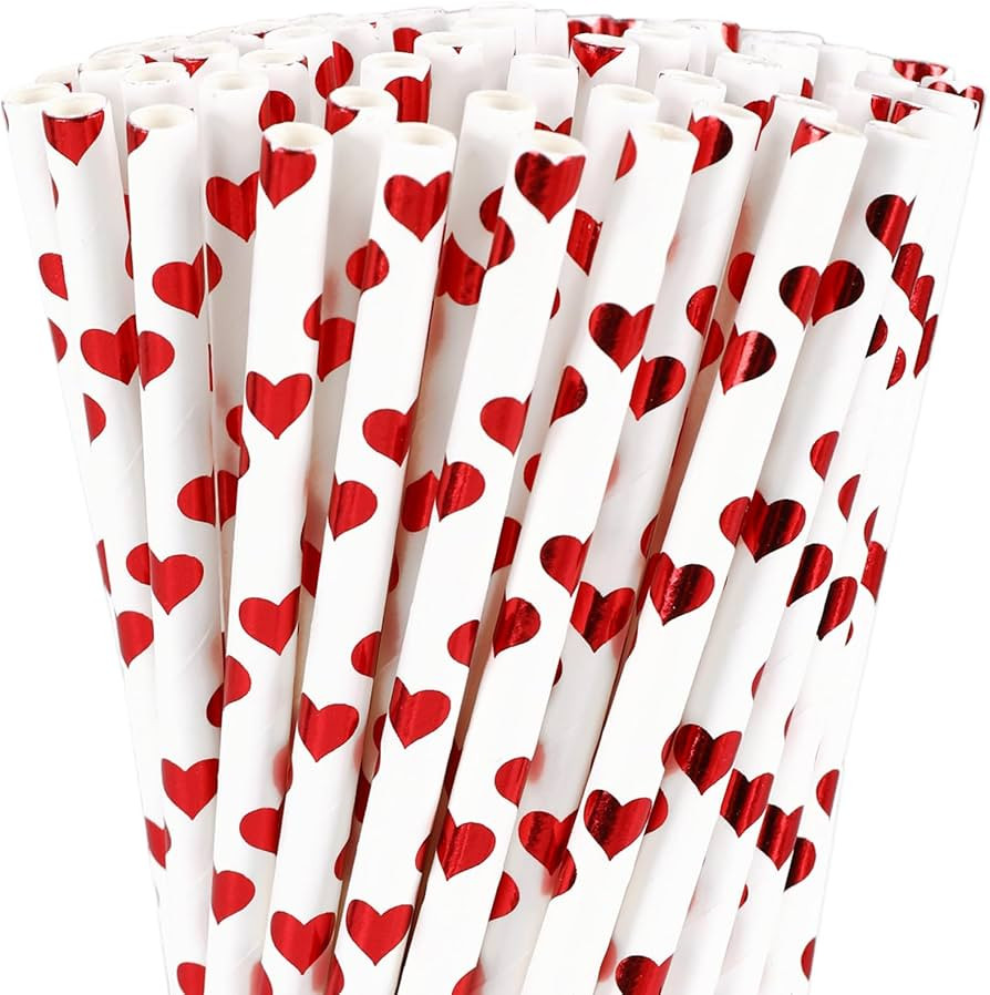 Whaline 100Pcs Valentine's Day Paper Straws Foil Red Heart Straws Disposable Drinking Straws for ... | Amazon (US)