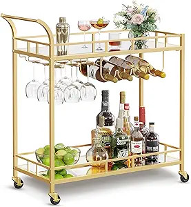VASAGLE Bar Cart Gold, Home Bar Serving Cart, Wine Cart with 2 Mirrored Shelves, Wine Holders, Gl... | Amazon (US)