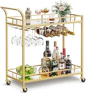 VASAGLE Bar Cart Gold, Home Bar Serving Cart, Wine Cart with 2 Mirrored Shelves, Wine Holders, Gl... | Amazon (US)